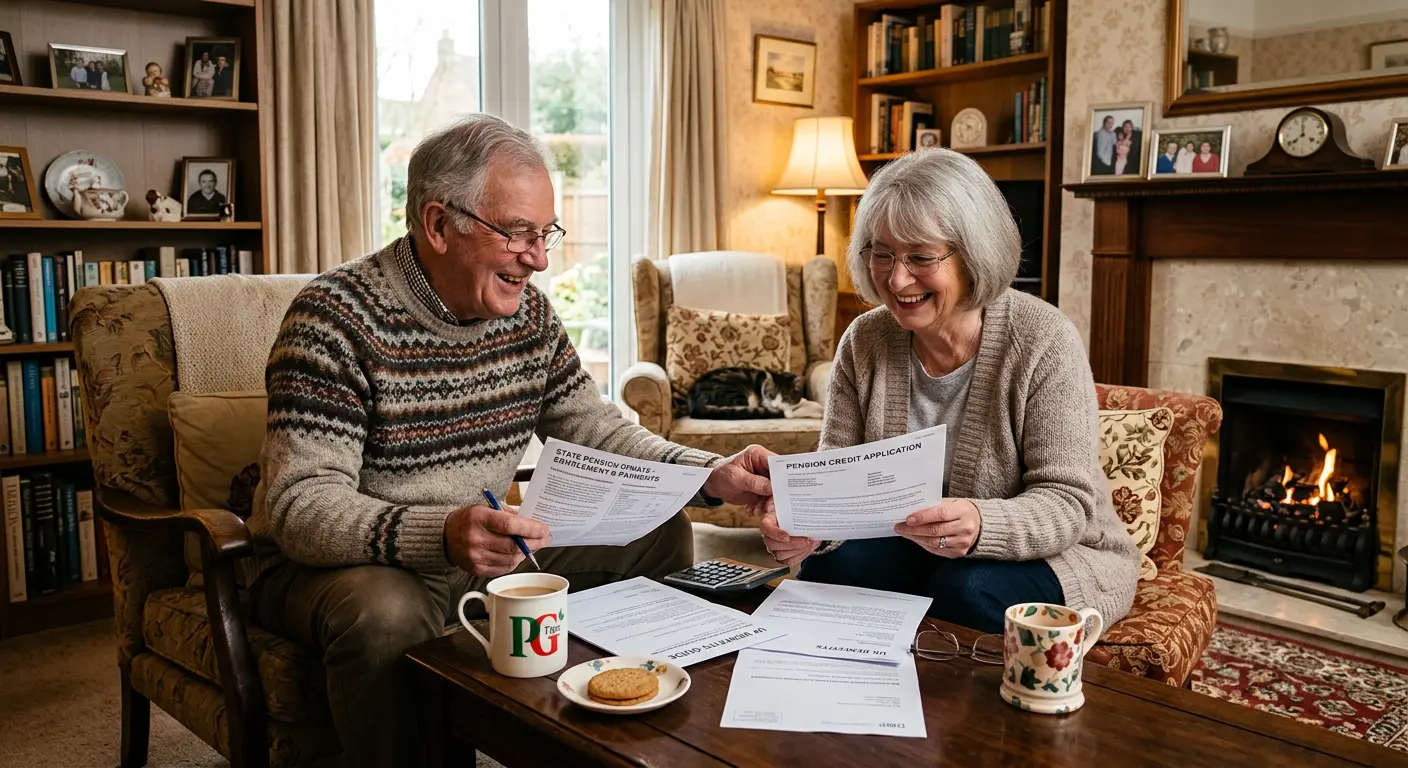 Happy UK pensioners reviewing their benefit entitlements together
